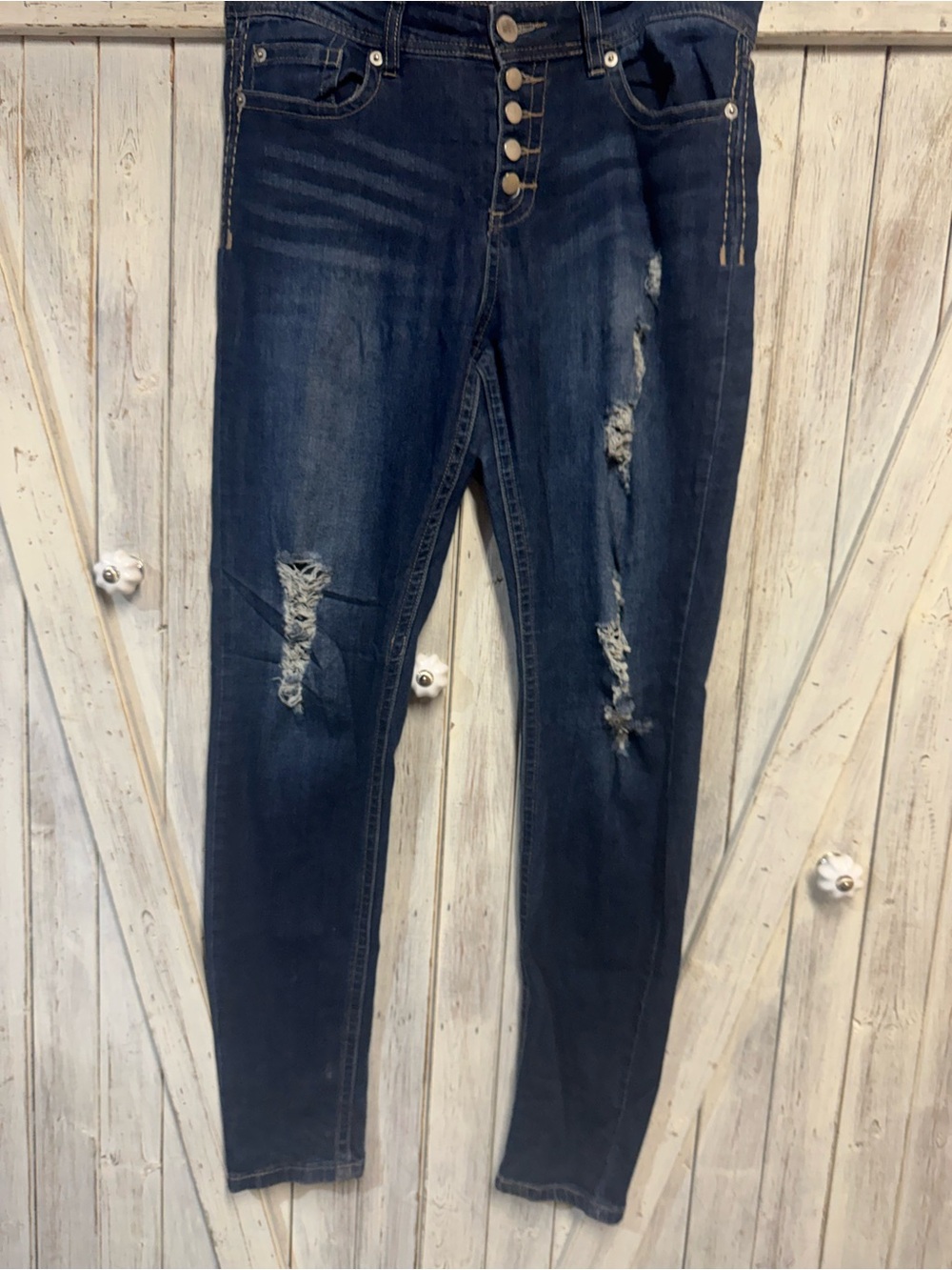 Women's Dark Blue Ripped Skinny Jeans with Button-Fly